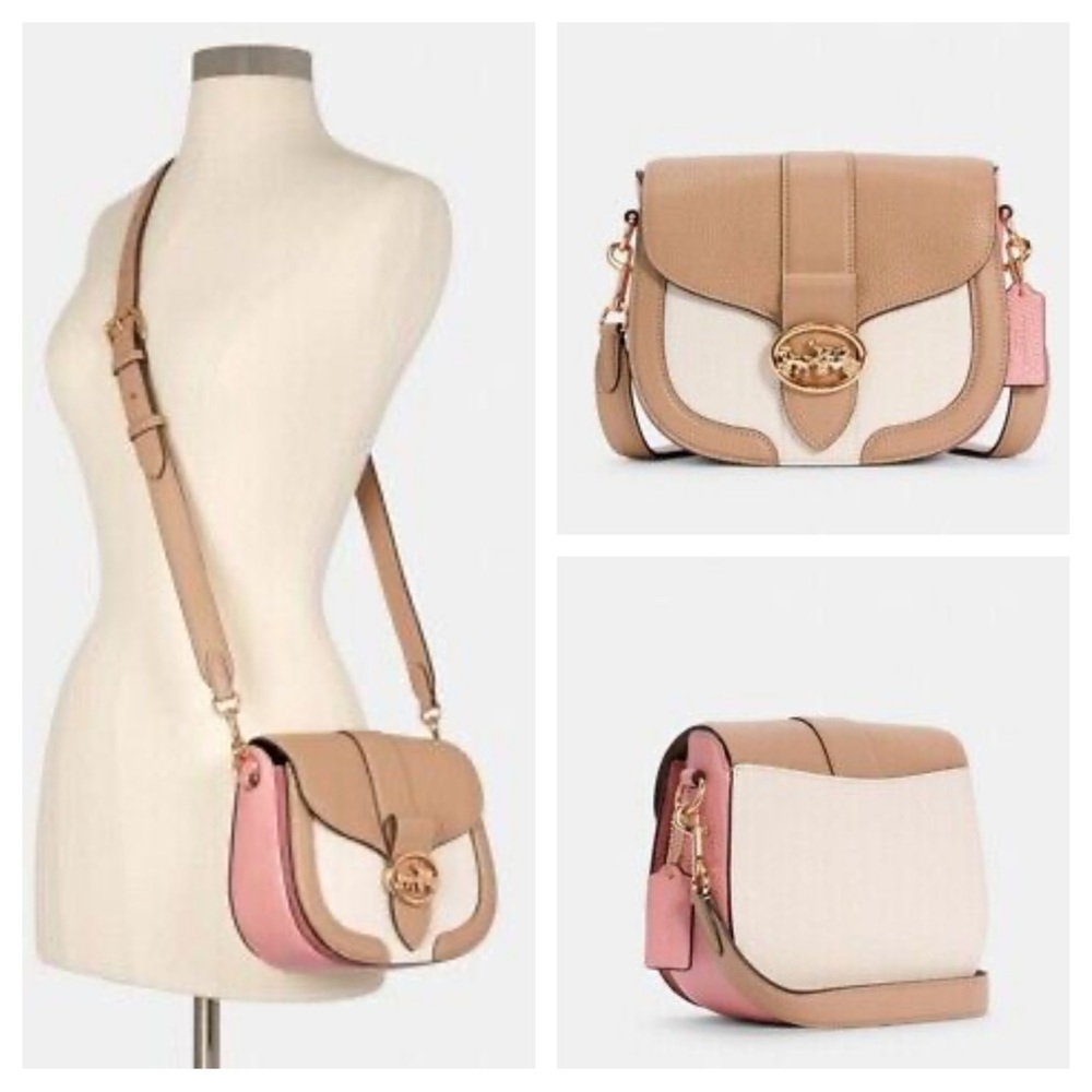 COACH C3596 Georgie Saddle Bag In Colorblock Leather Taupe Multi